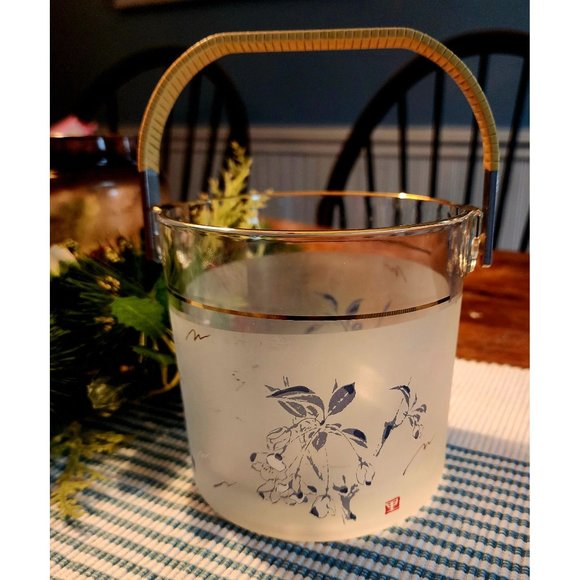 Aderia frosted blue floral glass ice bucket - Picture 2 of 8